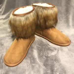 TOBACCO FAUX SUEDE & FUR-TRIMMED BOOTS
